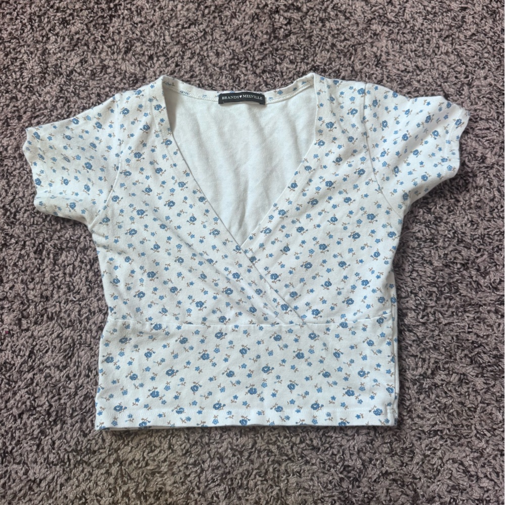 Floral Wrap Top - White and Blue Brandy Melville